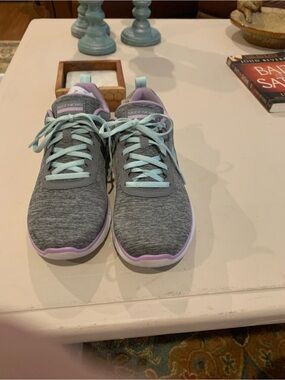 Skechers Gray Knit Athletic Sneakers with Mint & Lavender Accents